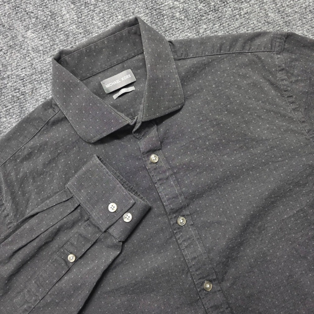 Michael Kors Shirt Mens Large 16.5 Gray Micro Diamond Print Slim Fit Button Down